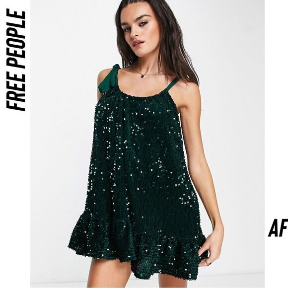 FREE PEOPLE NOVA MINI DRESS SEQUINED EMBELLISHED IN EMERALD NEW - Picture 1 of 8